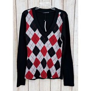 PattyBoutik Sweater XL Black Red Gray Argyle‎ V-Neck Long Sleeve Top NWT